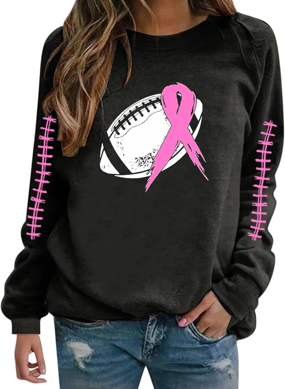 Breast Cancer Awareness Hoodies for Women Pink Ribbon Pullover Hoodie Football Sweatshirts Long Sleeve Oversized Tops