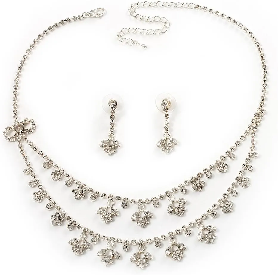 Bridal Clear Diamante Layered Floral Necklace & Earrings Set In Silver Plating