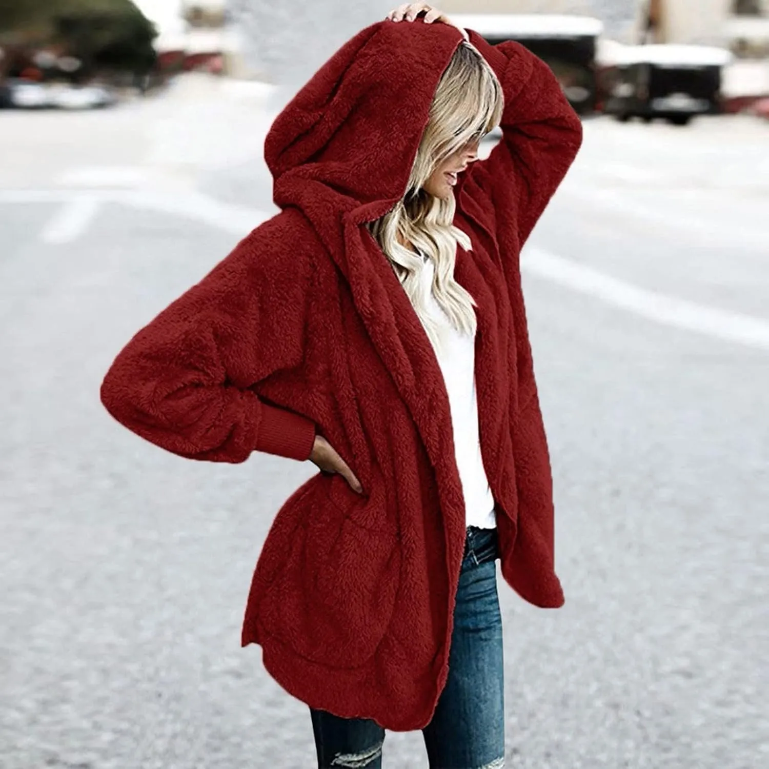 Cardigan for Women Winter Fashion Plus Size Long Fleece Jacket Casual Long Sleeve Open Front Coat Fuzzy Outerwear
