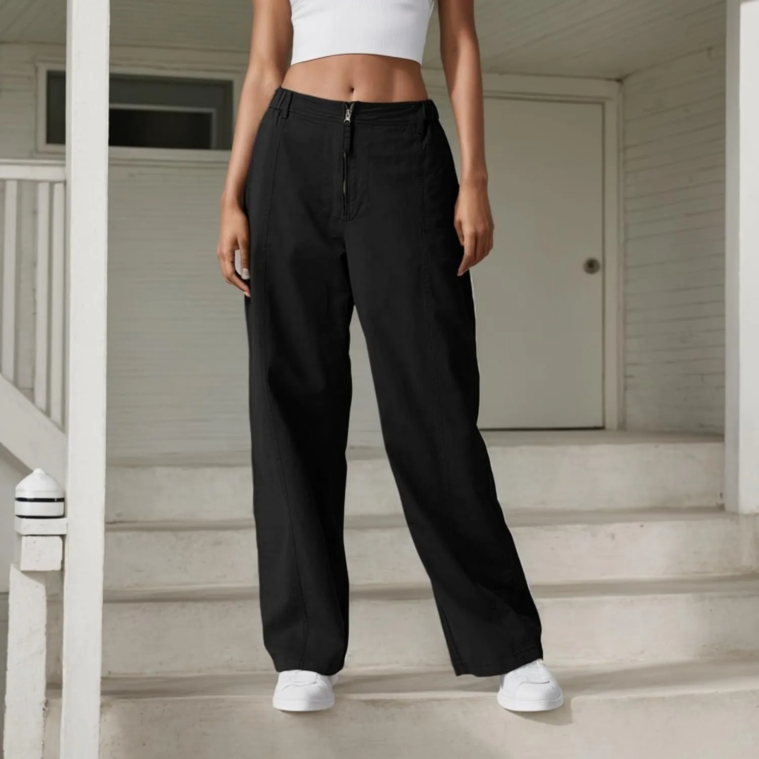 Cargo Pants Women Zip Front Parachute Pants Baggy Wide Leg Pant with Pocket Y2K Straight Leg Chinos Pant