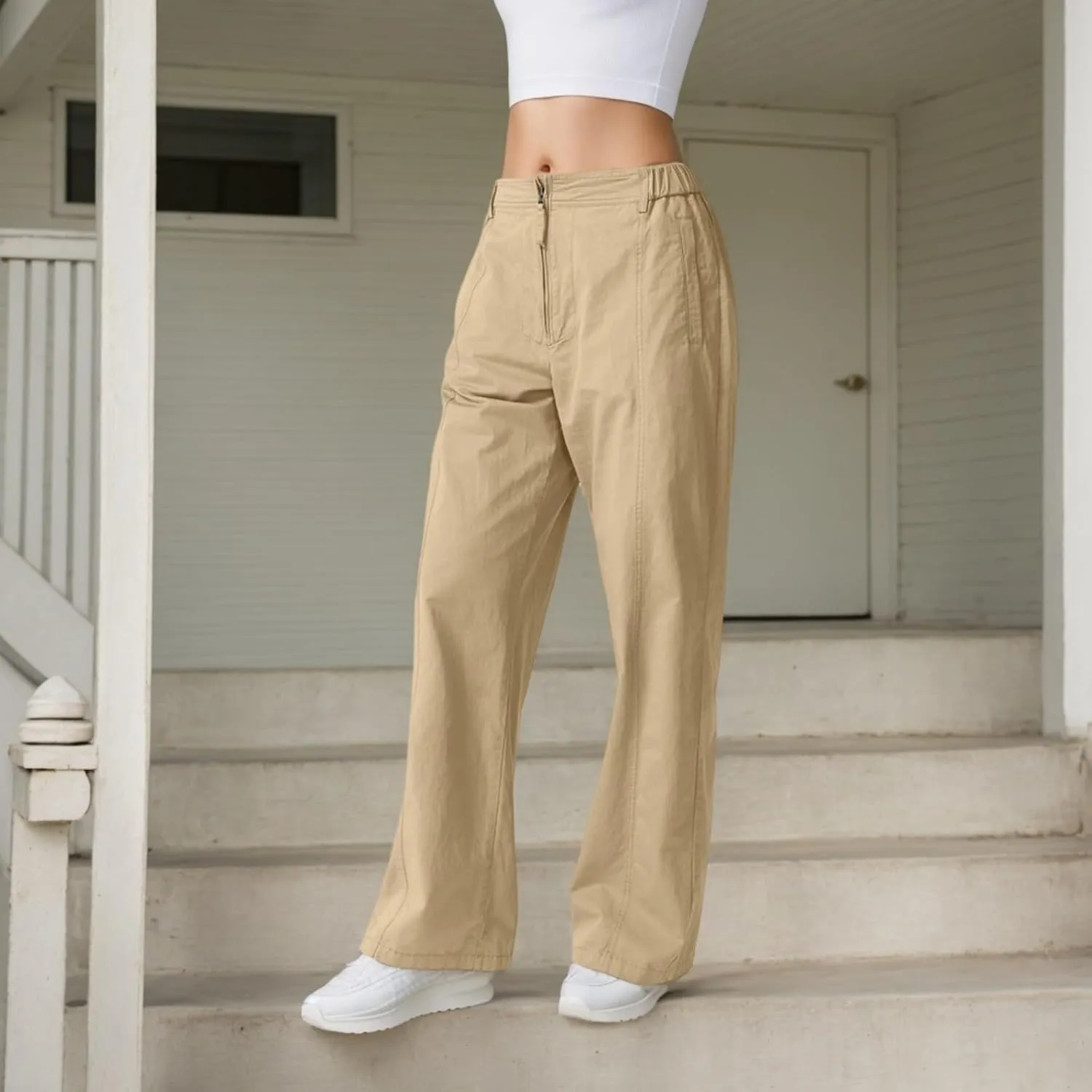 Cargo Pants Women Zip Front Parachute Pants Baggy Wide Leg Pant with Pocket Y2K Straight Leg Chinos Pant