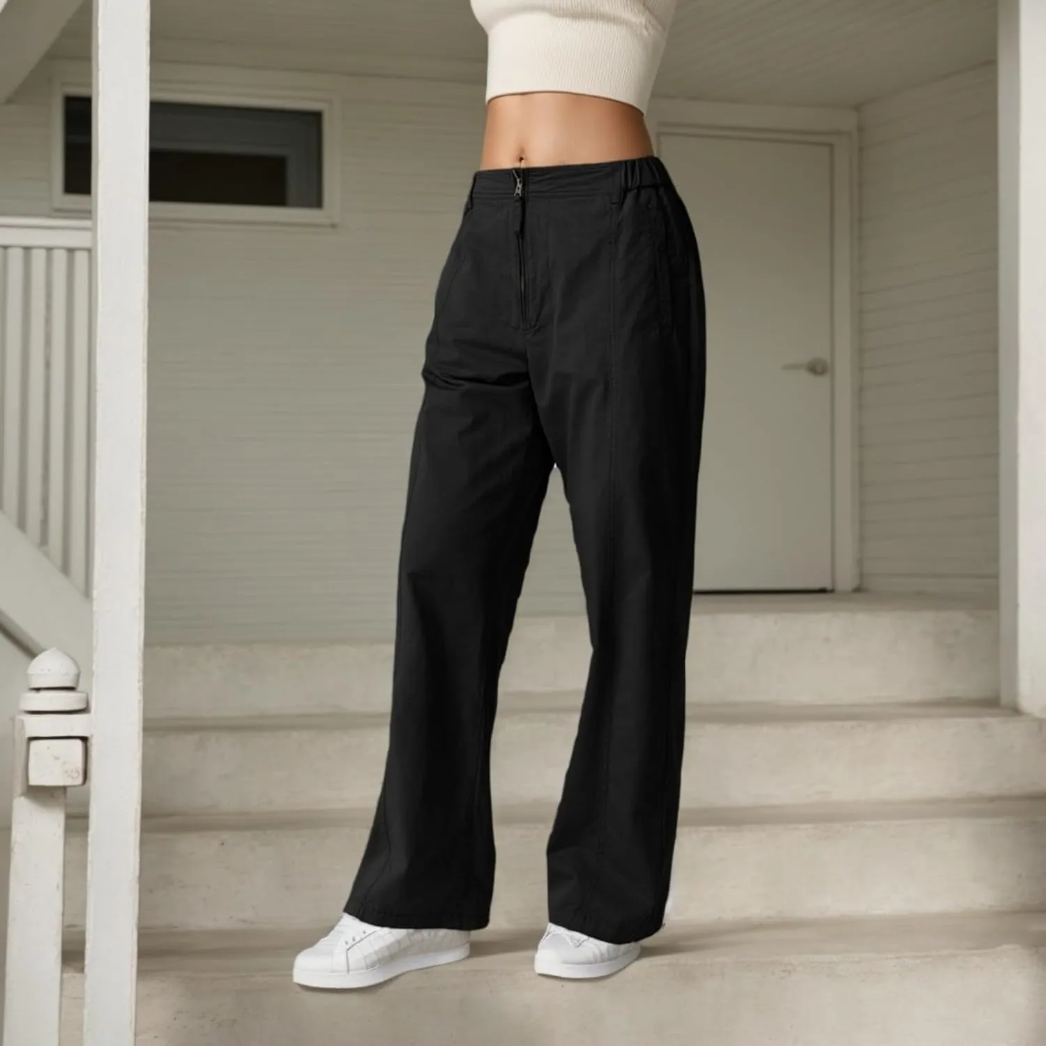 Cargo Pants Women Zip Front Parachute Pants Baggy Wide Leg Pant with Pocket Y2K Straight Leg Chinos Pant