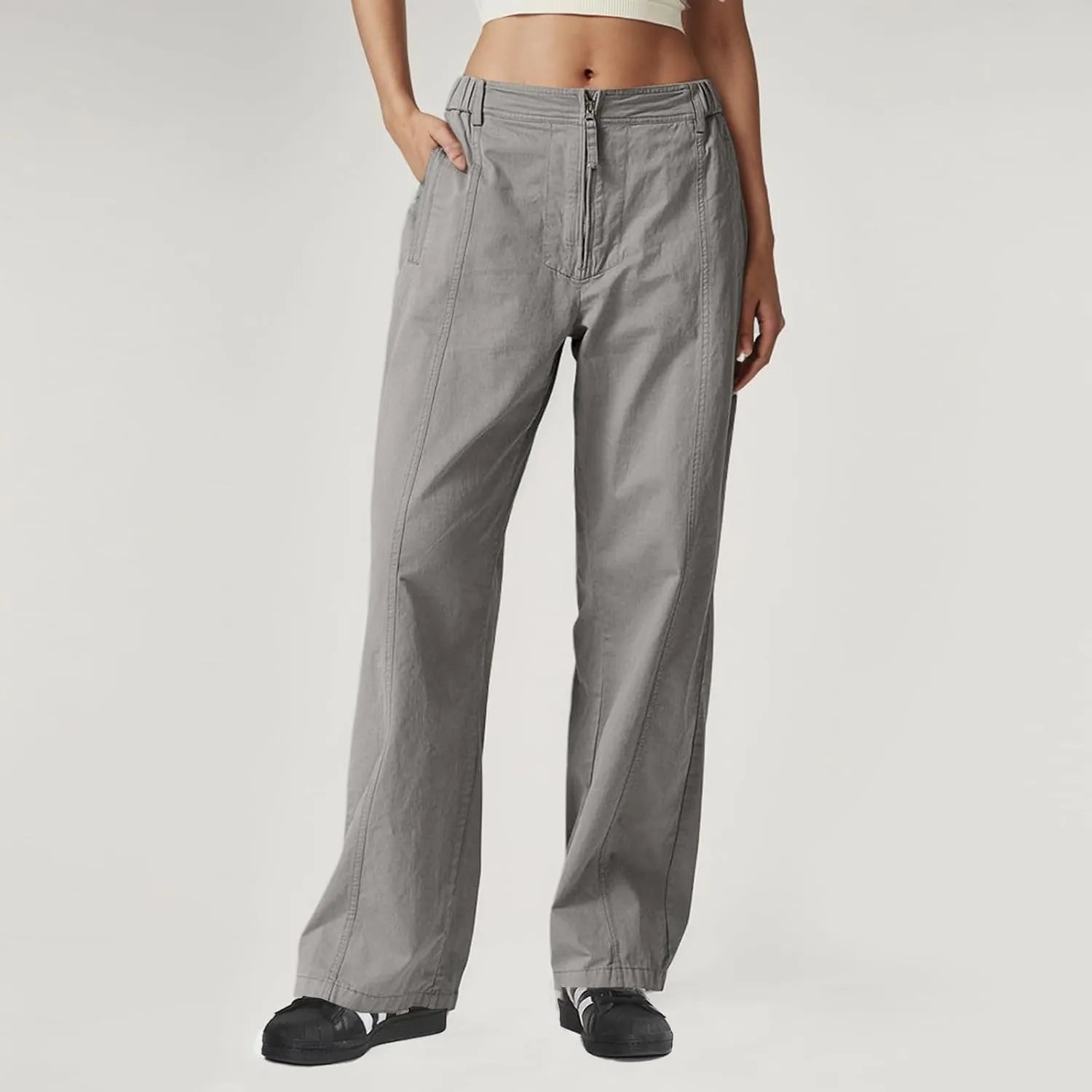 Cargo Pants Women Zip Front Parachute Pants Baggy Wide Leg Pant with Pocket Y2K Straight Leg Chinos Pant