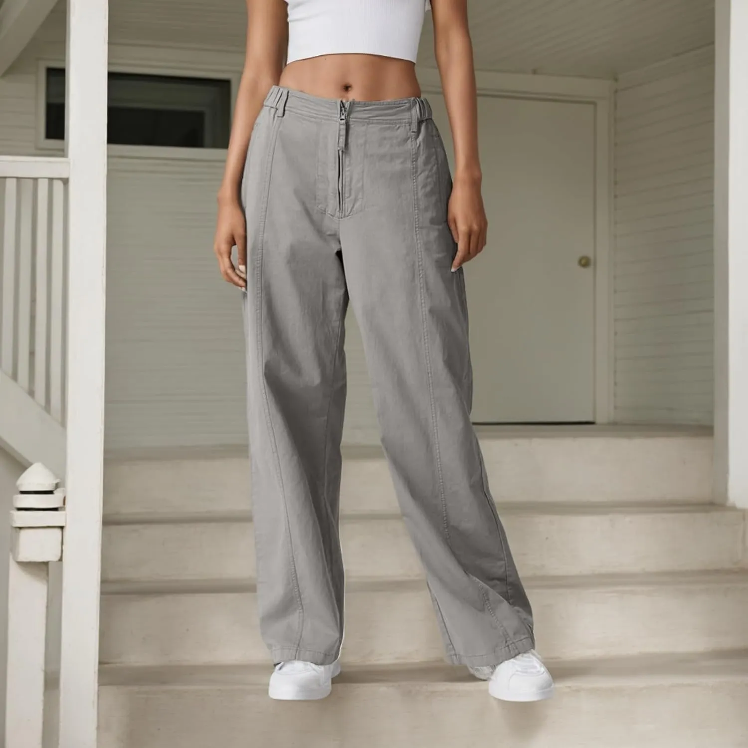 Cargo Pants Women Zip Front Parachute Pants Baggy Wide Leg Pant with Pocket Y2K Straight Leg Chinos Pant