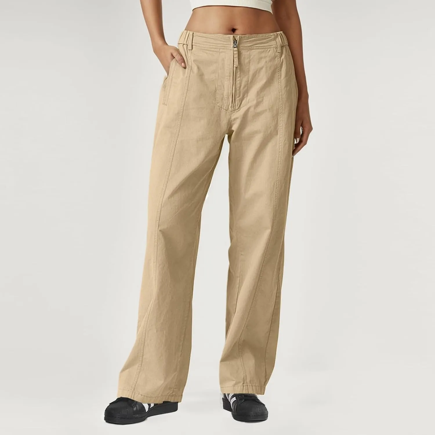 Cargo Pants Women Zip Front Parachute Pants Baggy Wide Leg Pant with Pocket Y2K Straight Leg Chinos Pant
