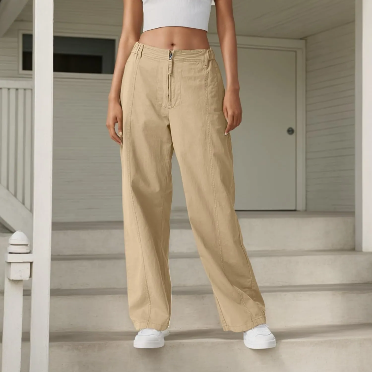 Cargo Pants Women Zip Front Parachute Pants Baggy Wide Leg Pant with Pocket Y2K Straight Leg Chinos Pant