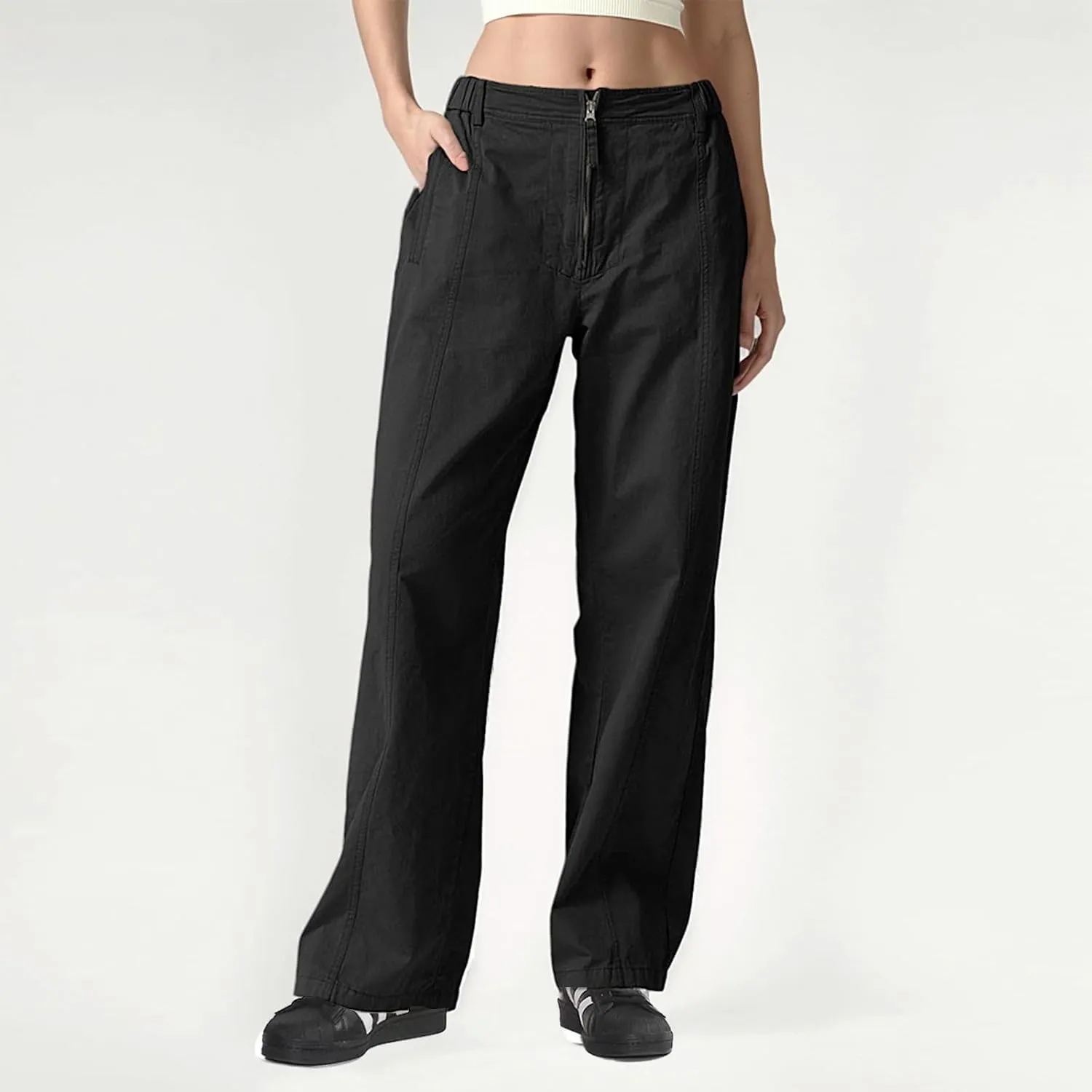 Cargo Pants Women Zip Front Parachute Pants Baggy Wide Leg Pant with Pocket Y2K Straight Leg Chinos Pant