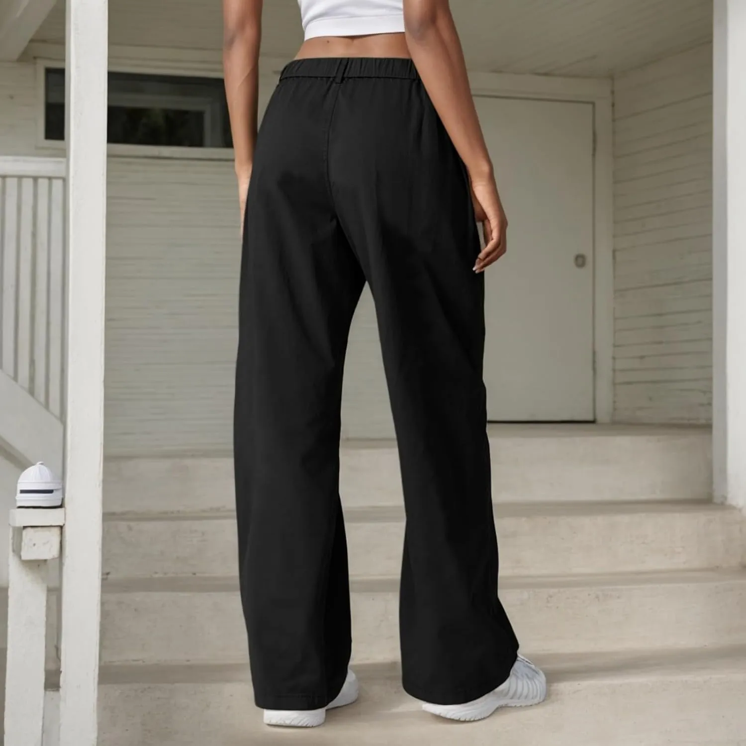 Cargo Pants Women Zip Front Parachute Pants Baggy Wide Leg Pant with Pocket Y2K Straight Leg Chinos Pant