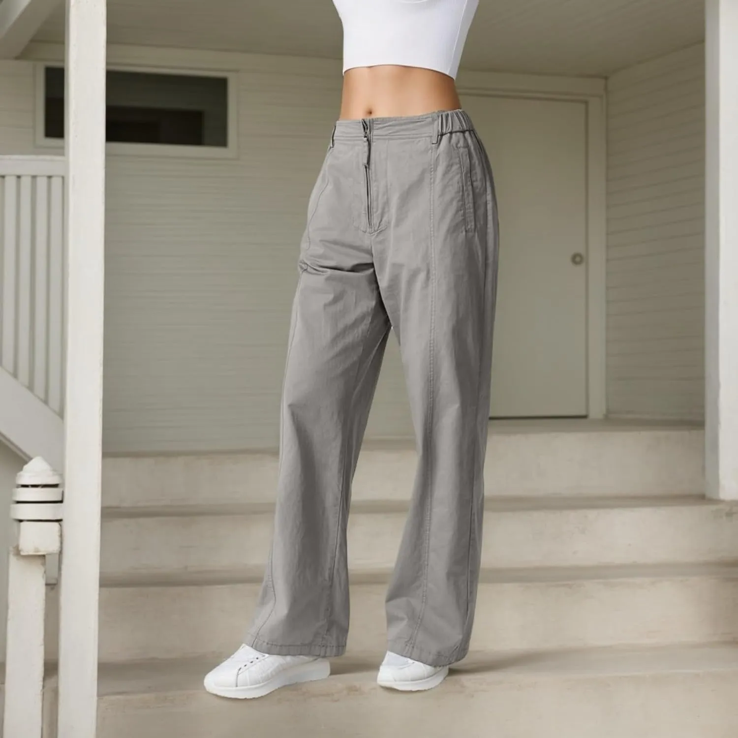 Cargo Pants Women Zip Front Parachute Pants Baggy Wide Leg Pant with Pocket Y2K Straight Leg Chinos Pant
