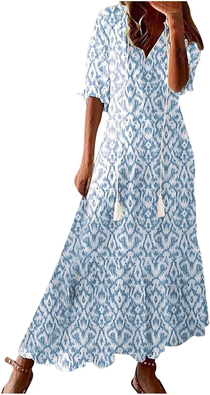 Casual Dresses for Women 2024 Short Sleeve Swiss Dot Maxi Dress Summer Fashion Short Sleeve Tiered Ruffle Long Dress