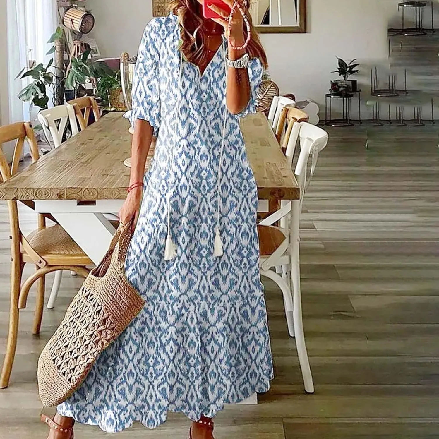 Casual Dresses for Women 2024 Short Sleeve Swiss Dot Maxi Dress Summer Fashion Short Sleeve Tiered Ruffle Long Dress