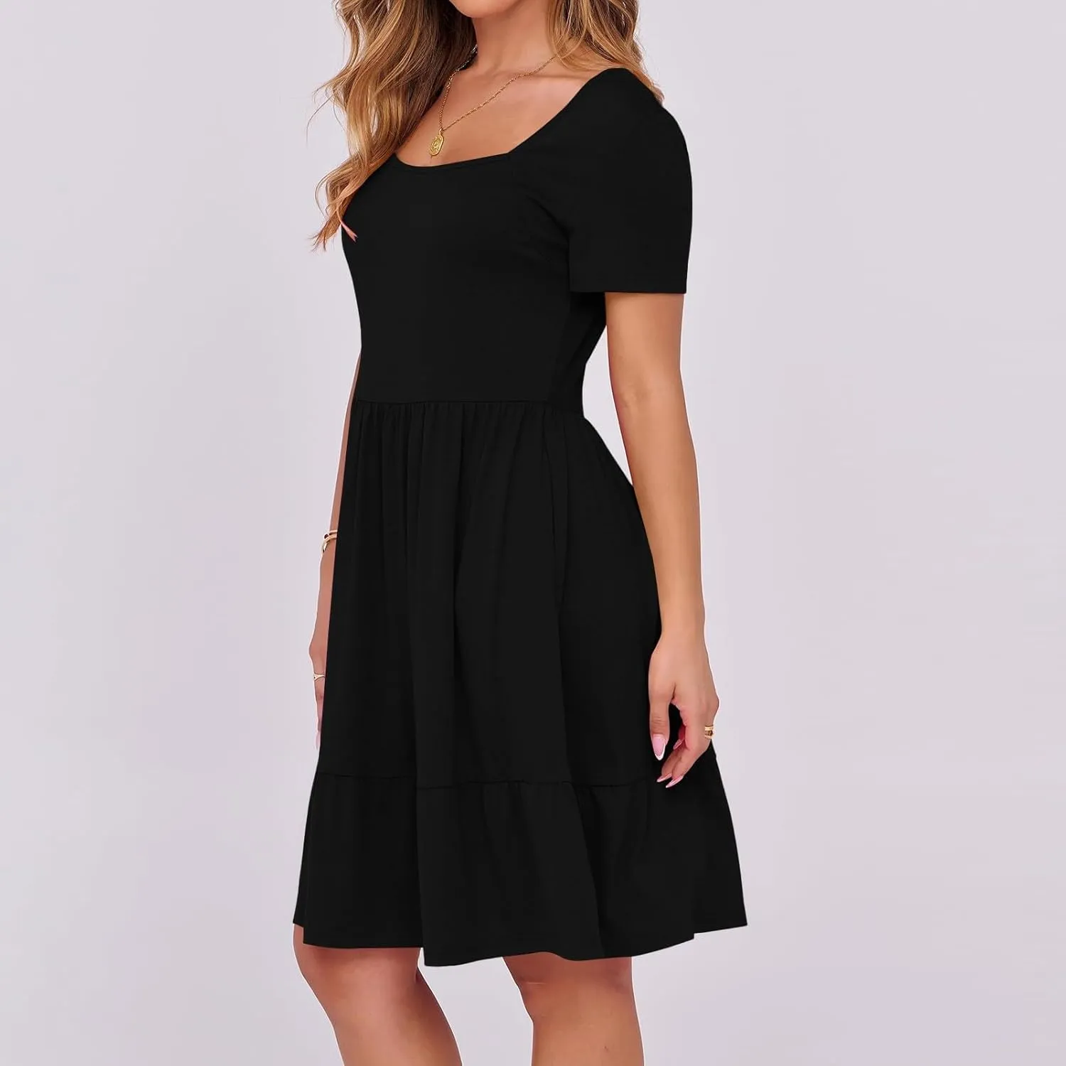 Casual Dresses for Women Flowy Pleated Summer Dress Short Sleeve Elegant Dresses Square Neck Vacation Dress 2025