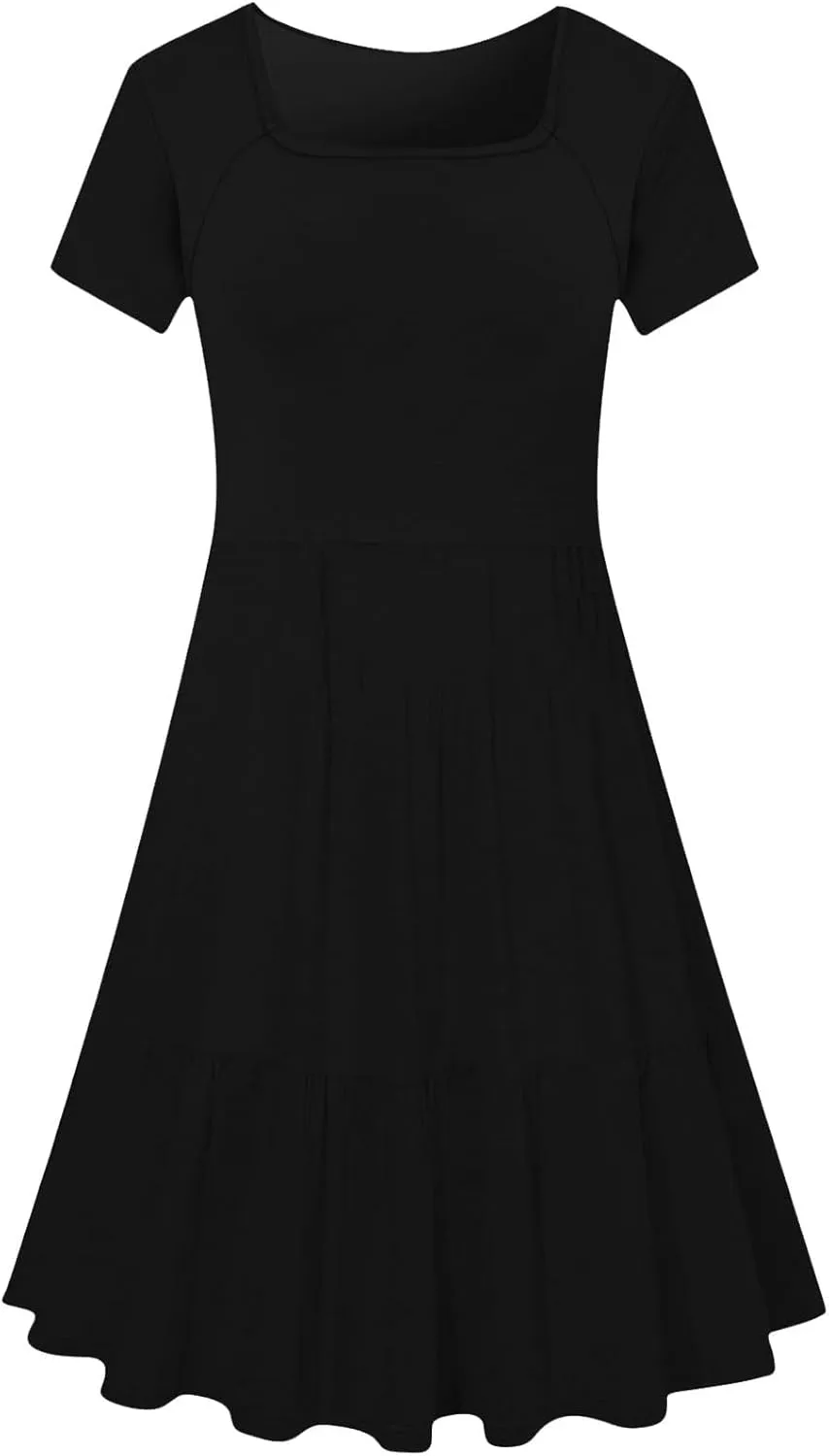 Casual Dresses for Women Flowy Pleated Summer Dress Short Sleeve Elegant Dresses Square Neck Vacation Dress 2025