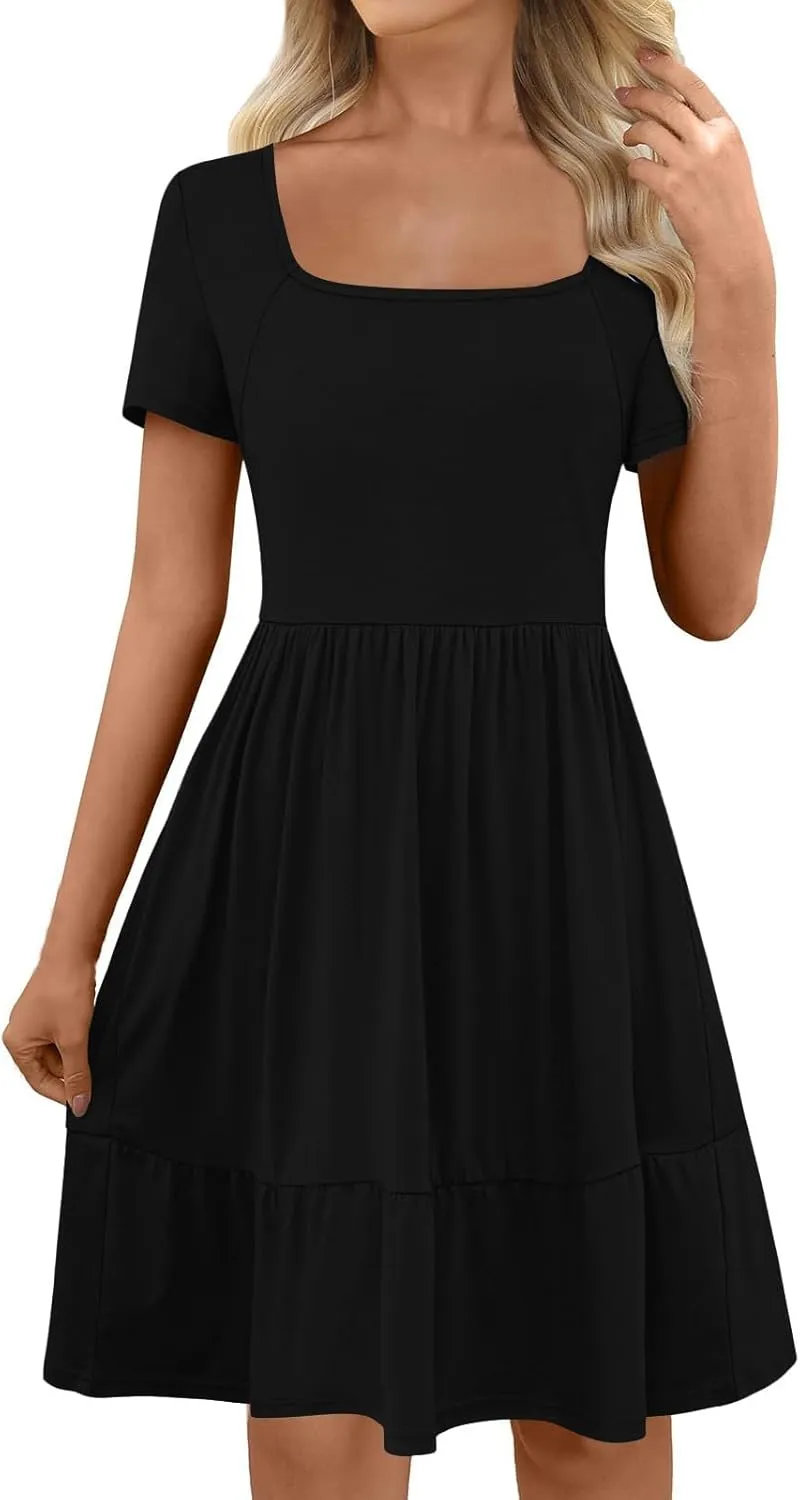 Casual Dresses for Women Flowy Pleated Summer Dress Short Sleeve Elegant Dresses Square Neck Vacation Dress 2025