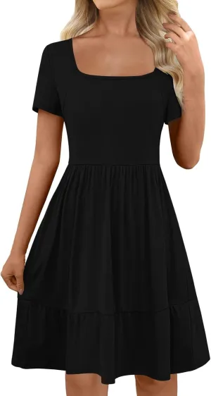 Casual Dresses for Women Flowy Pleated Summer Dress Short Sleeve Elegant Dresses Square Neck Vacation Dress 2025