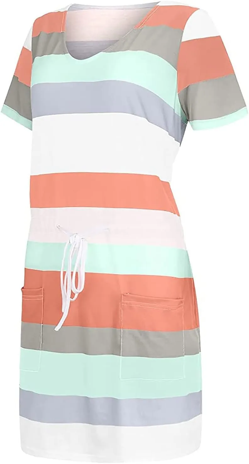Casual Dresses for Women Short Sleeve Tie Waist Striped Mini Tshirt Dress Cute Summer Beach Sun Dresses with Pockets