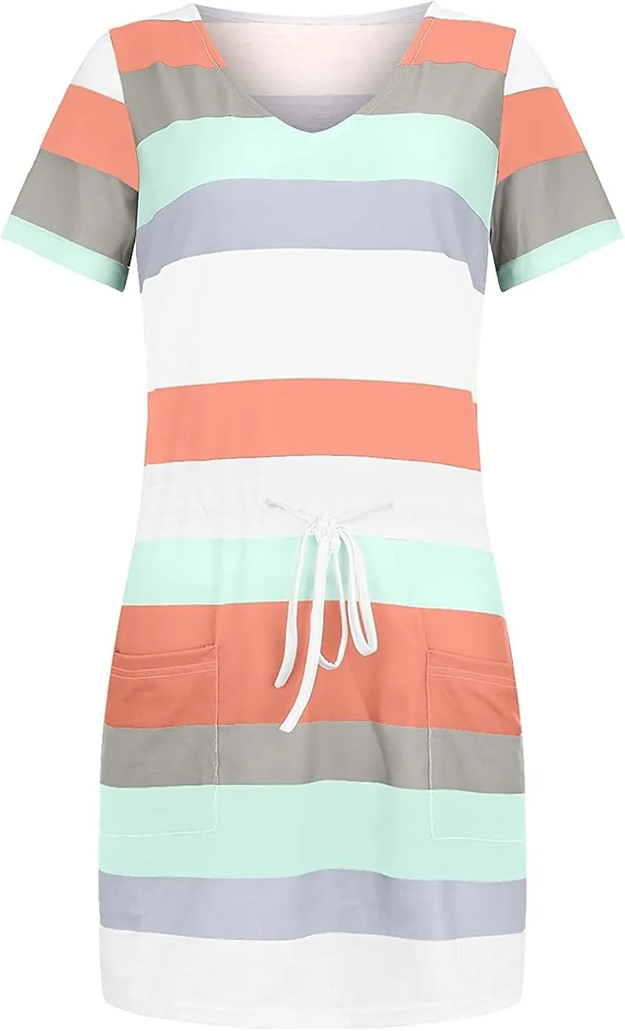Casual Dresses for Women Short Sleeve Tie Waist Striped Mini Tshirt Dress Cute Summer Beach Sun Dresses with Pockets