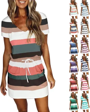 Casual Dresses for Women Short Sleeve Tie Waist Striped Mini Tshirt Dress Cute Summer Beach Sun Dresses with Pockets