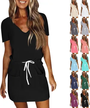 Casual Dresses for Women Short Sleeve Tie Waist Striped Mini Tshirt Dress Cute Summer Beach Sun Dresses with Pockets