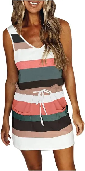 Cbcbtwo Beach Vacation Clothes for Women 2025 Summer Dress Sleeveless Tie Front A-Line Double Layer Hem Mini Dresses
