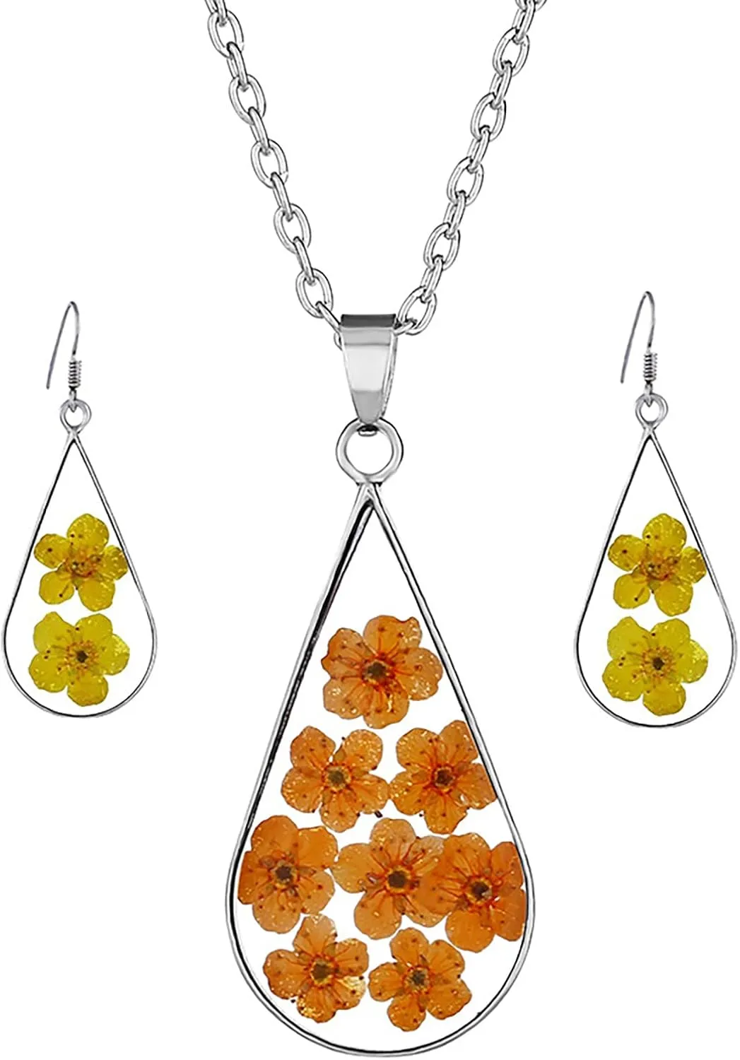 Chains for Necklace Handmade Drip Glue Necklace Earrings Combination Set Botanical Resin Dried Flower (B, One Size)