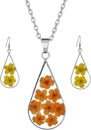 Chains for Necklace Handmade Drip Glue Necklace Earrings Combination Set Botanical Resin Dried Flower (B, One Size)