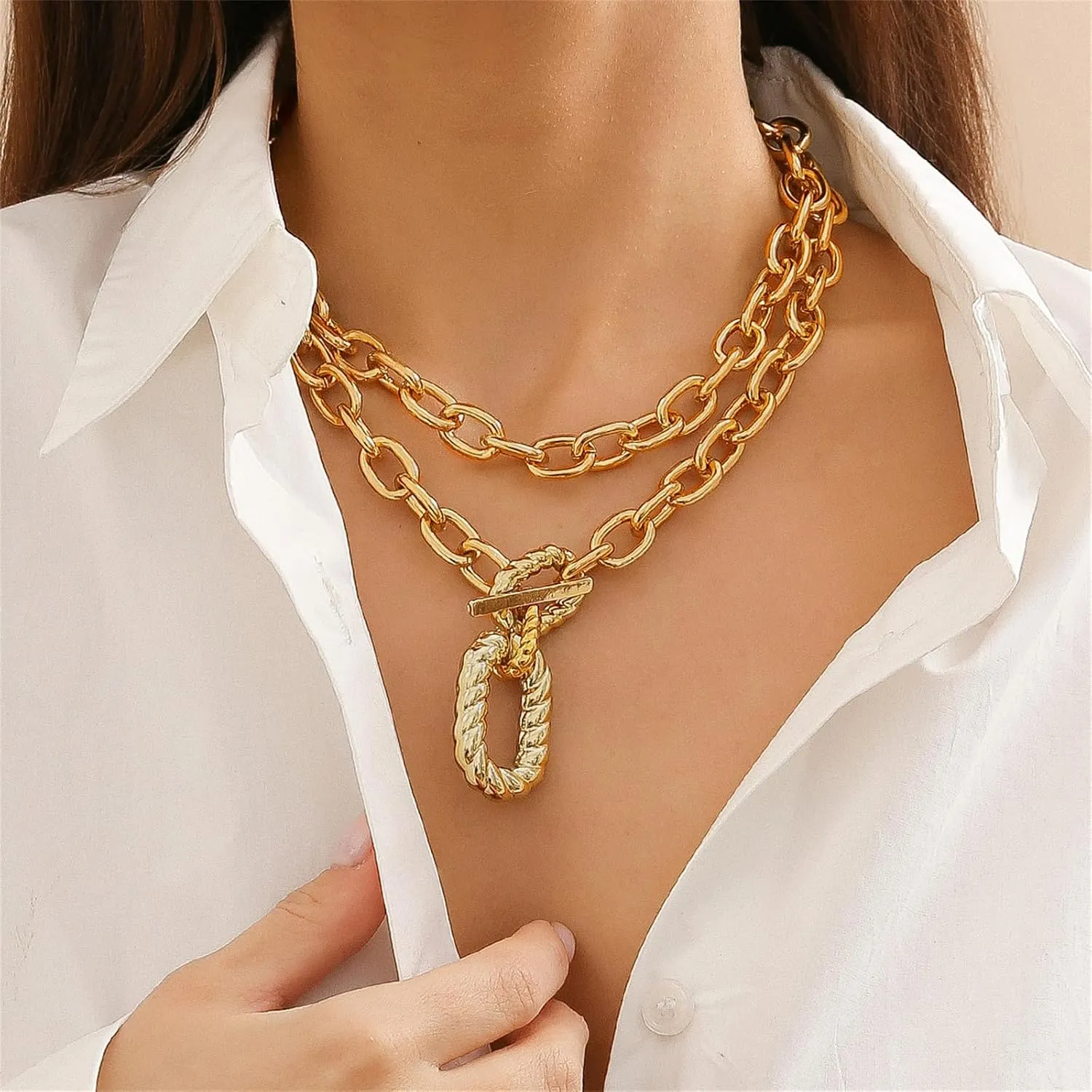 Chunky Choker Necklaces for Women Gold Thick Layered Chain Necklace Punk Statement Stackable Choker Necklaces Paperclip Link Pendant Necklaces Y2k Jewelry