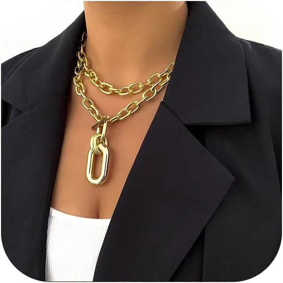Chunky Choker Necklaces for Women Gold Thick Layered Chain Necklace Punk Statement Stackable Choker Necklaces Paperclip Link Pendant Necklaces Y2k Jewelry