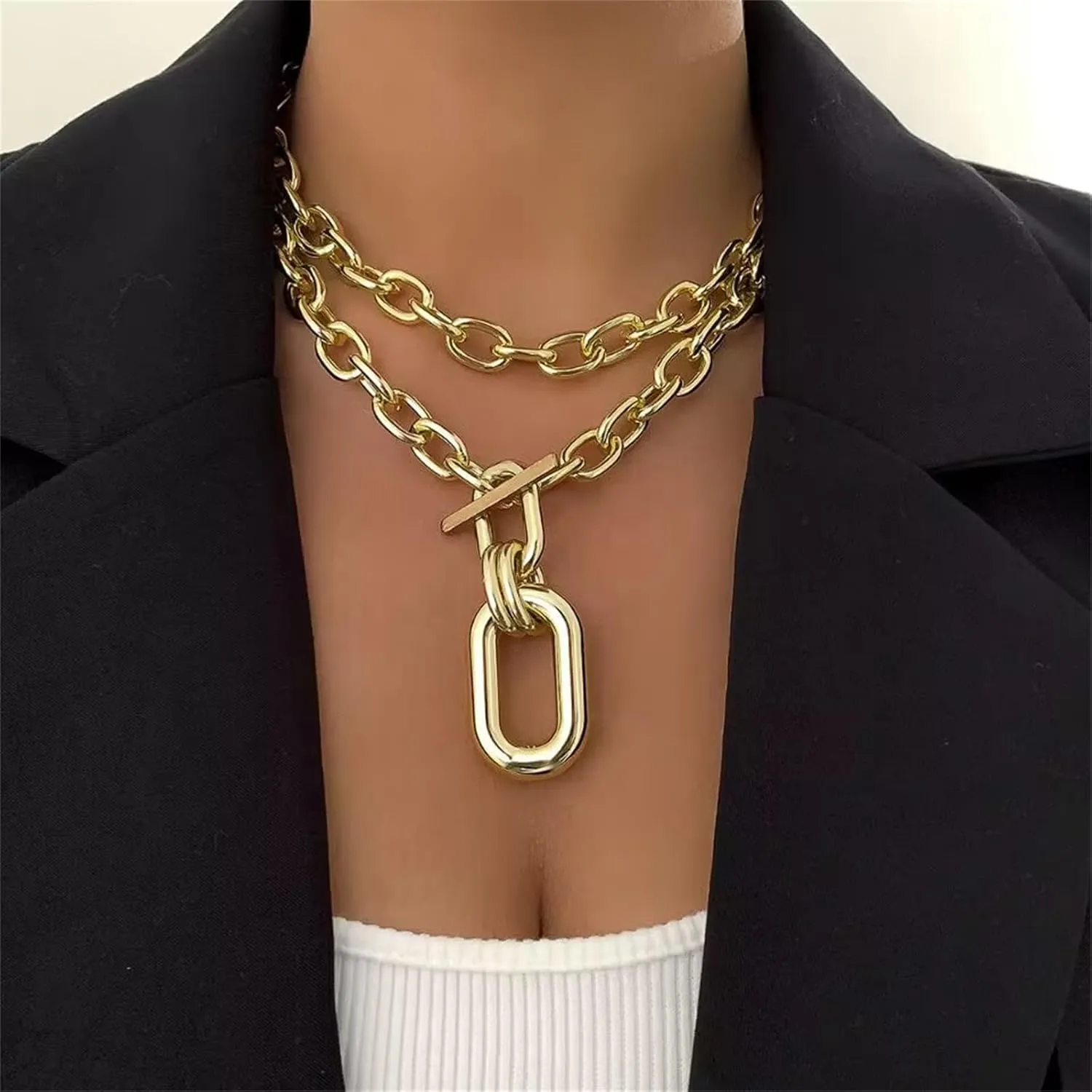 Chunky Choker Necklaces for Women Gold Thick Layered Chain Necklace Punk Statement Stackable Choker Necklaces Paperclip Link Pendant Necklaces Y2k Jewelry