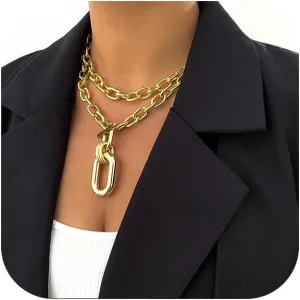 Chunky Choker Necklaces for Women Gold Thick Layered Chain Necklace Punk Statement Stackable Choker Necklaces Paperclip Link Pendant Necklaces Y2k Jewelry