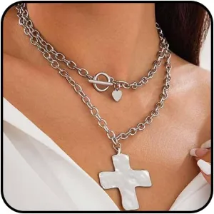 Chunky Gold Cross Choker Necklaces Set for Women Hammered Bold Cross OT Buckle Necklaces Statement Heart Pendant Necklaces Faith Jewelry Accessories