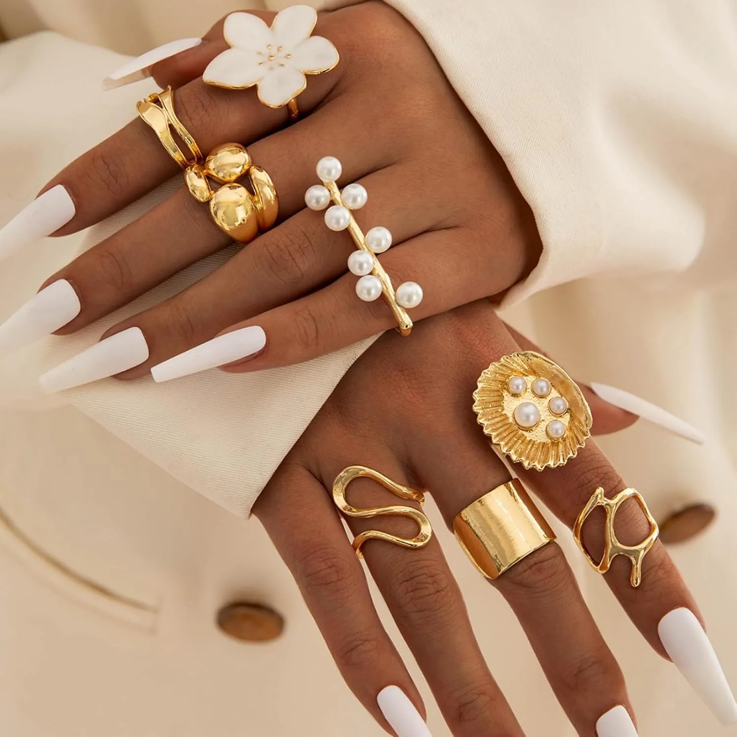 Chunky Gold Flower Rings Set for Women,Statement Stackable Pearl Knuckle Rings Vintage Irregular Geometry CZ Adjustable Ring Set Minimalism Dance Part Jewelry