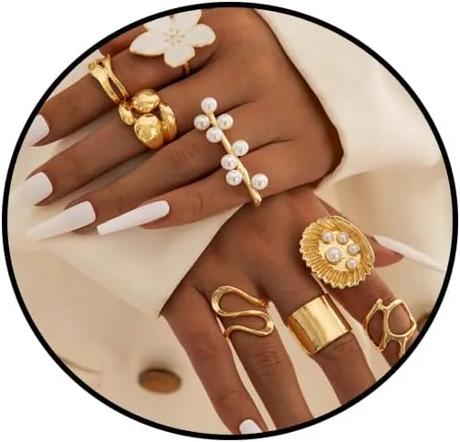 Chunky Gold Flower Rings Set for Women,Statement Stackable Pearl Knuckle Rings Vintage Irregular Geometry CZ Adjustable Ring Set Minimalism Dance Part Jewelry