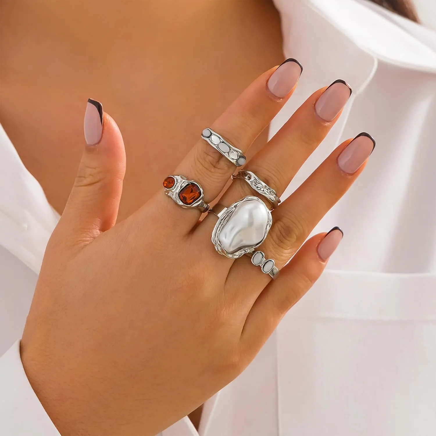 Chunky Gold Rings for Women Non Tarnish Statement Flower Ring Baroque Pearl Stackable Rings Set 6Pcs Chunky Jewelry