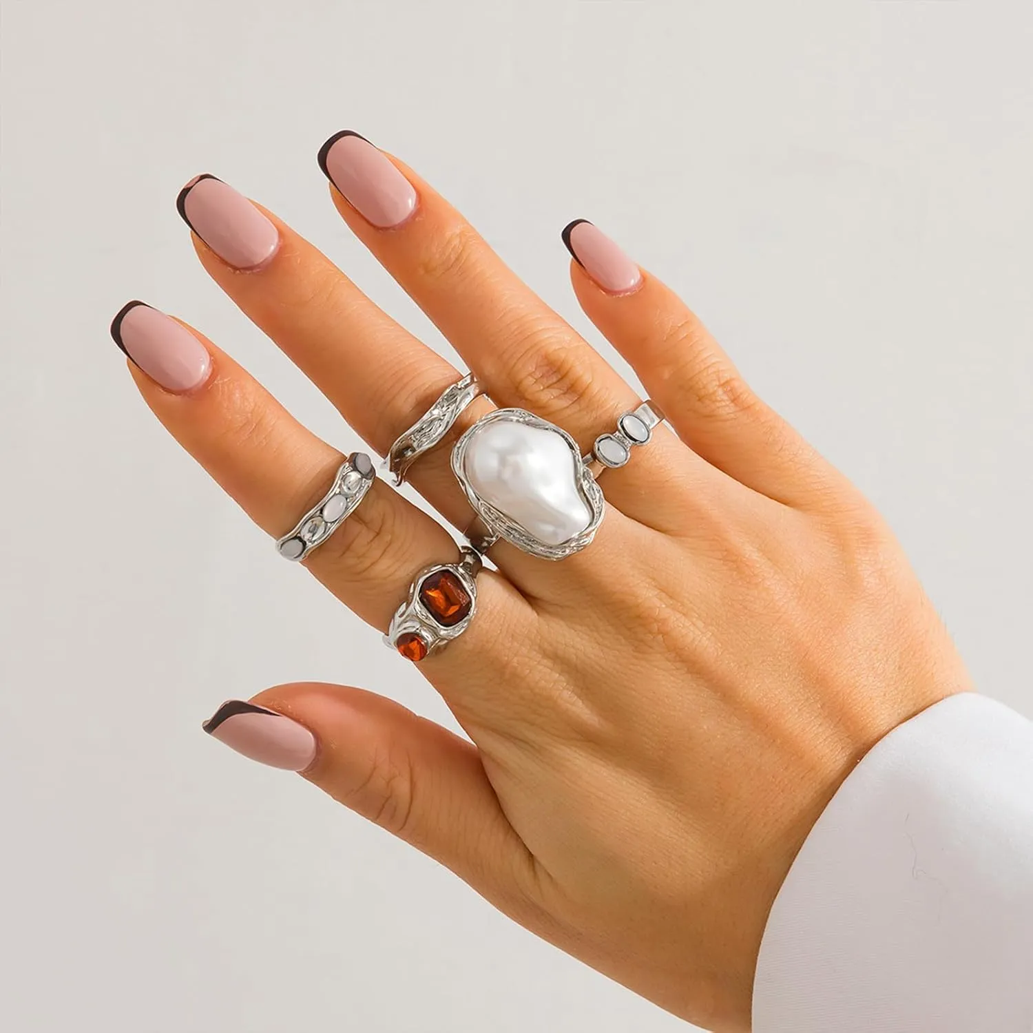 Chunky Gold Rings for Women Non Tarnish Statement Flower Ring Baroque Pearl Stackable Rings Set 6Pcs Chunky Jewelry