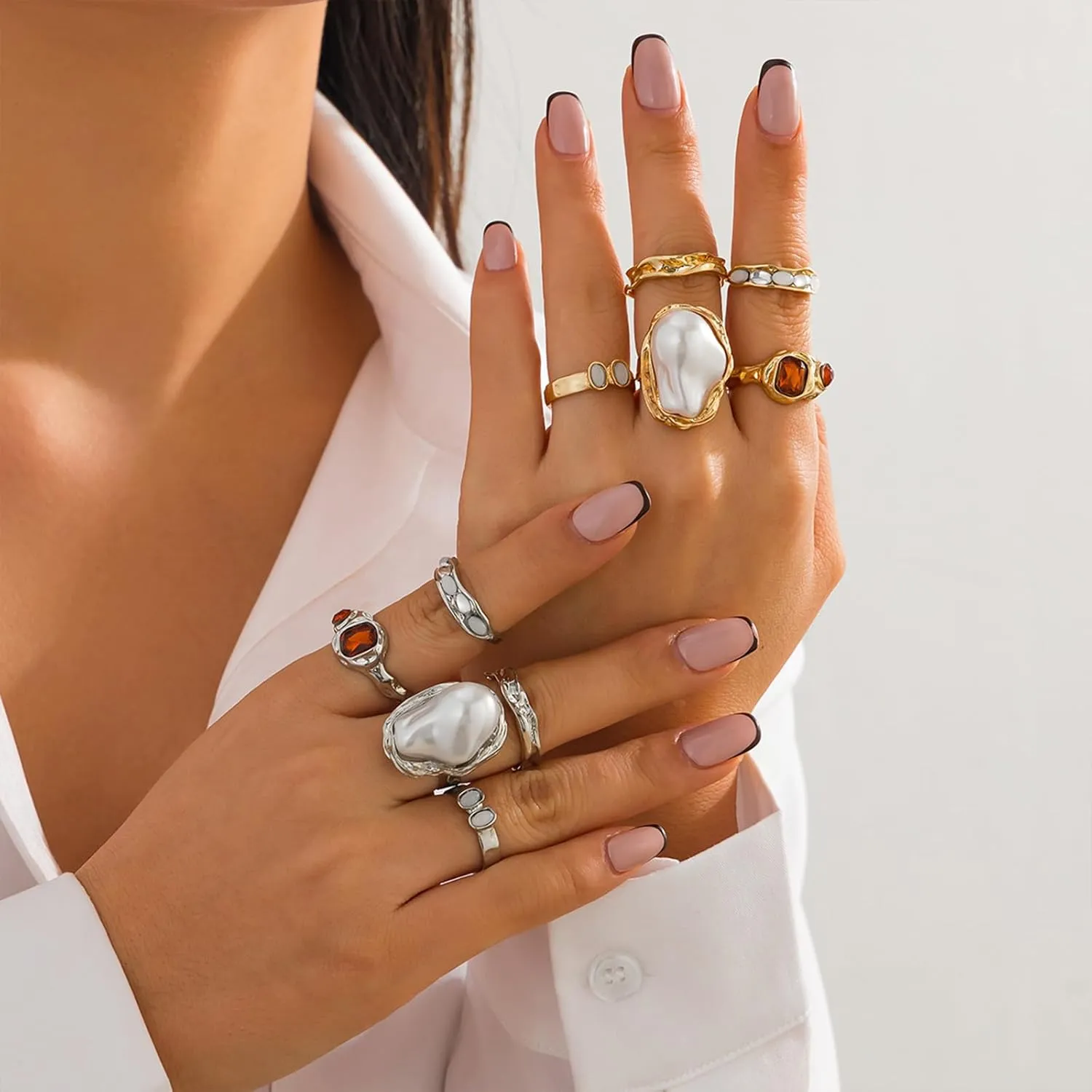 Chunky Gold Rings for Women Non Tarnish Statement Flower Ring Baroque Pearl Stackable Rings Set 6Pcs Chunky Jewelry