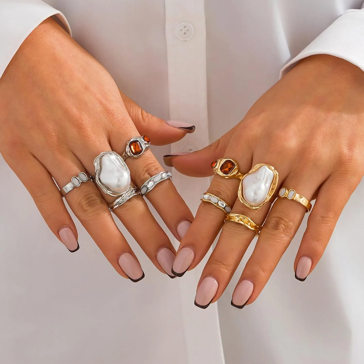 Chunky Gold Rings for Women Non Tarnish Statement Flower Ring Baroque Pearl Stackable Rings Set 6Pcs Chunky Jewelry