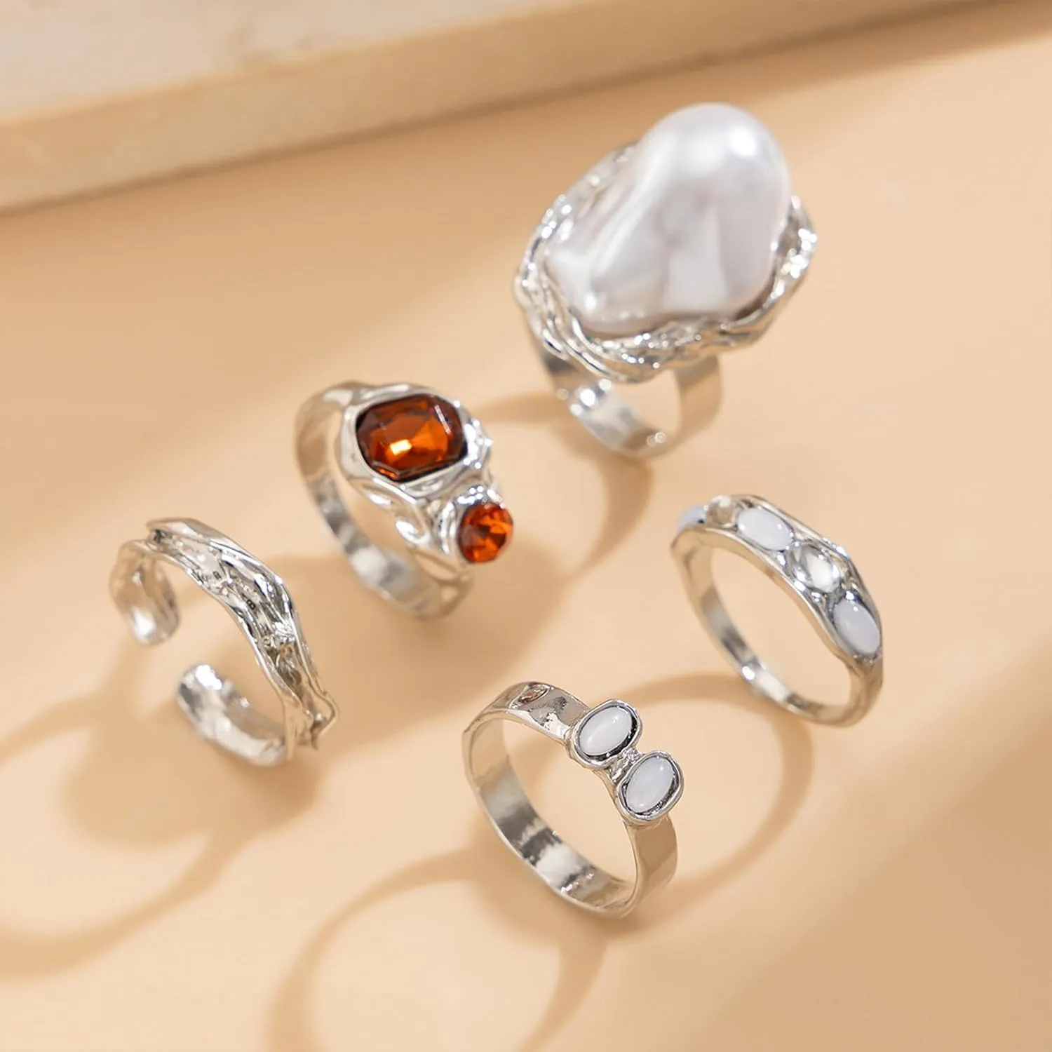 Chunky Gold Rings for Women Non Tarnish Statement Flower Ring Baroque Pearl Stackable Rings Set 6Pcs Chunky Jewelry