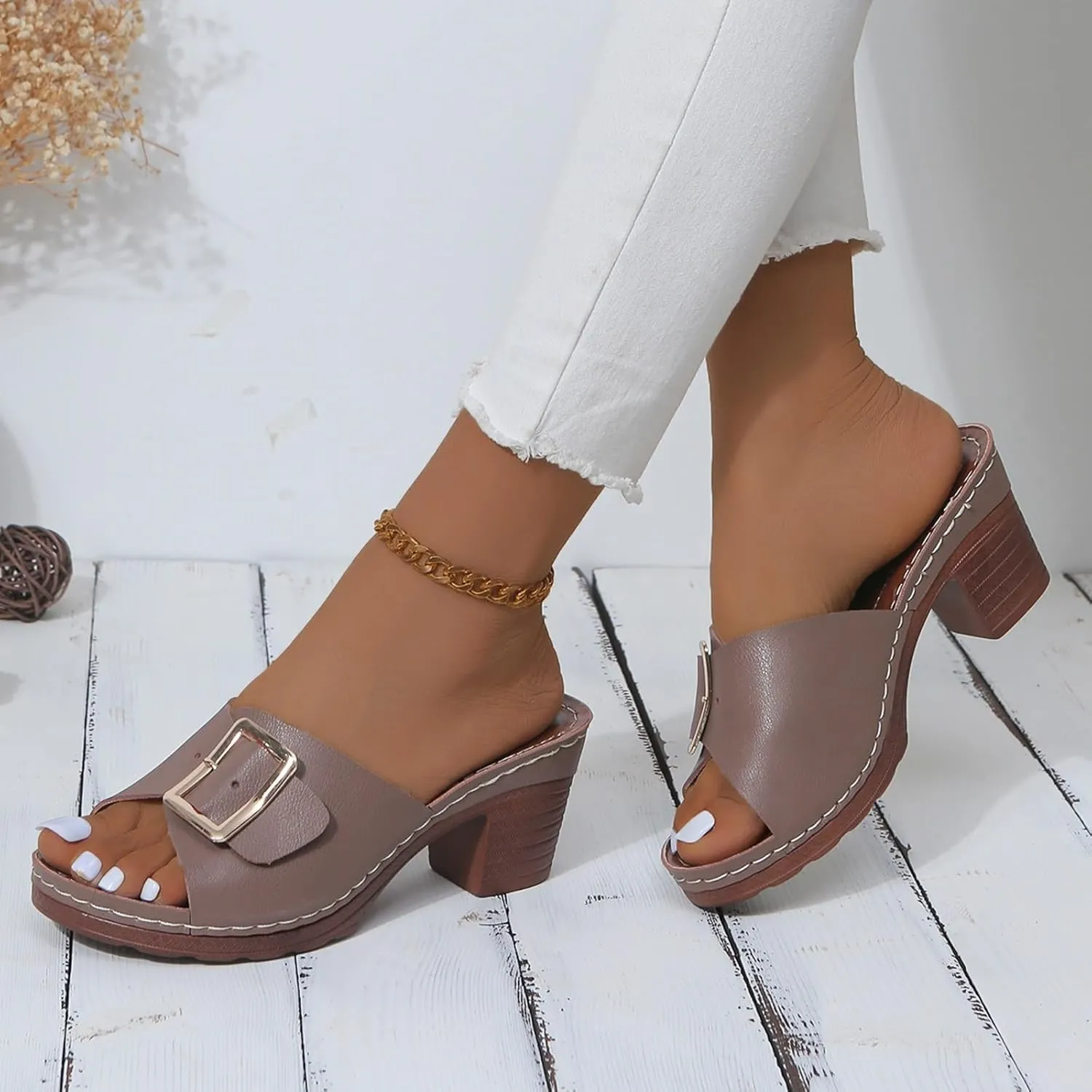 Chunky Heels for Women Wedge Siides Sandals Platform Open Toe Heels Slippers Slip on Elastic Band Wedges Shoes