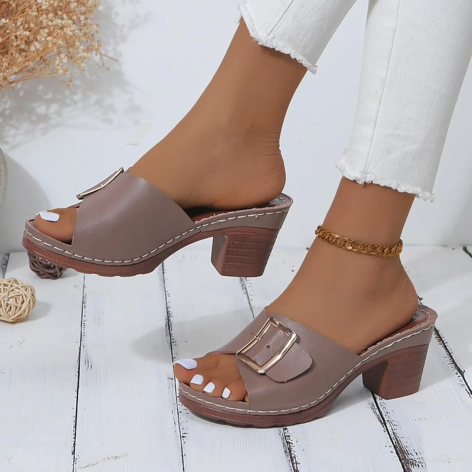 Chunky Heels for Women Wedge Siides Sandals Platform Open Toe Heels Slippers Slip on Elastic Band Wedges Shoes