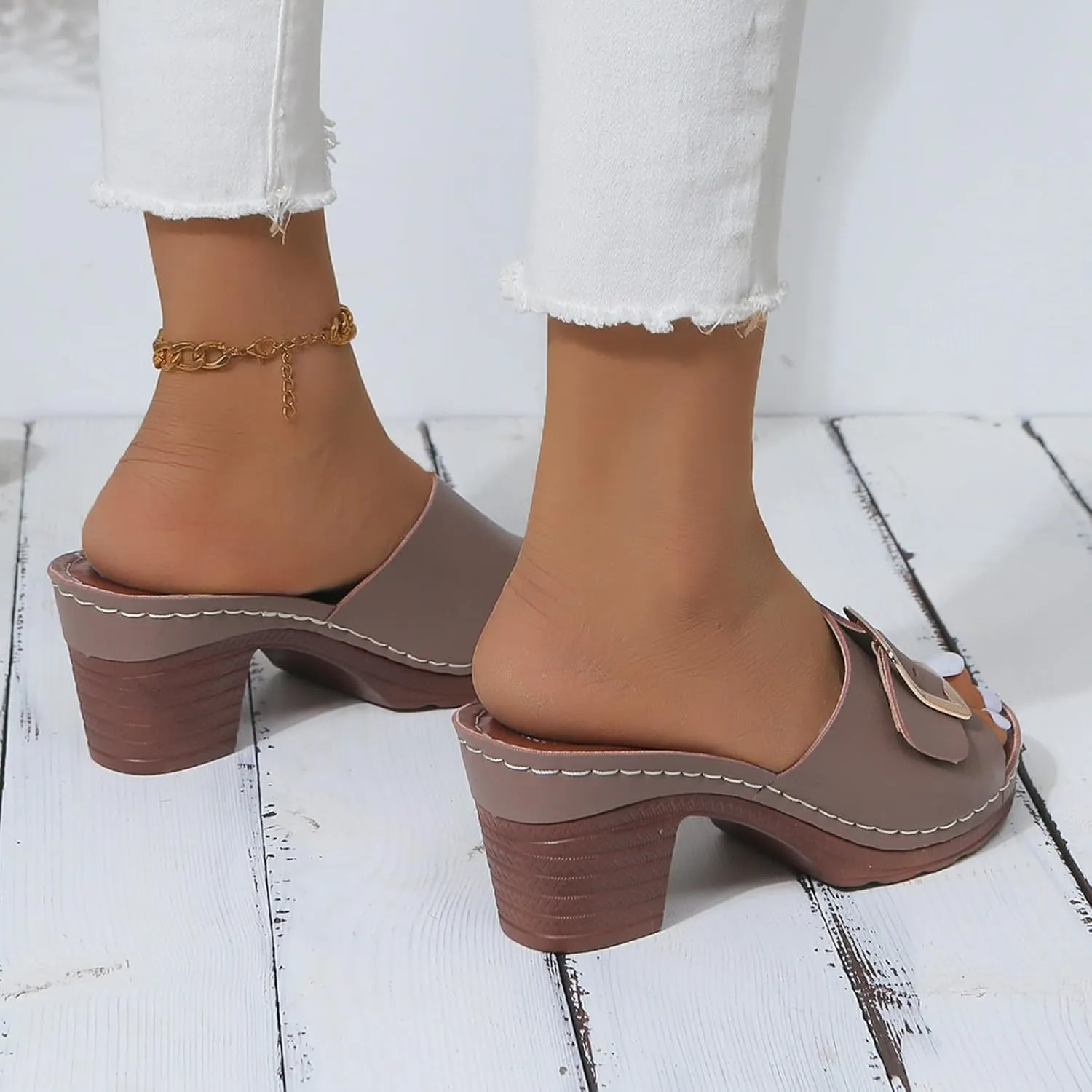 Chunky Heels for Women Wedge Siides Sandals Platform Open Toe Heels Slippers Slip on Elastic Band Wedges Shoes
