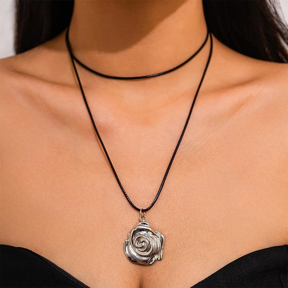 Chunky Leather Bow Gold Flower Pendant Necklaces for Women Statement Floral Bowknot Choker Necklaces Wax String Bow Tie Necklaces Jewelry Accessories