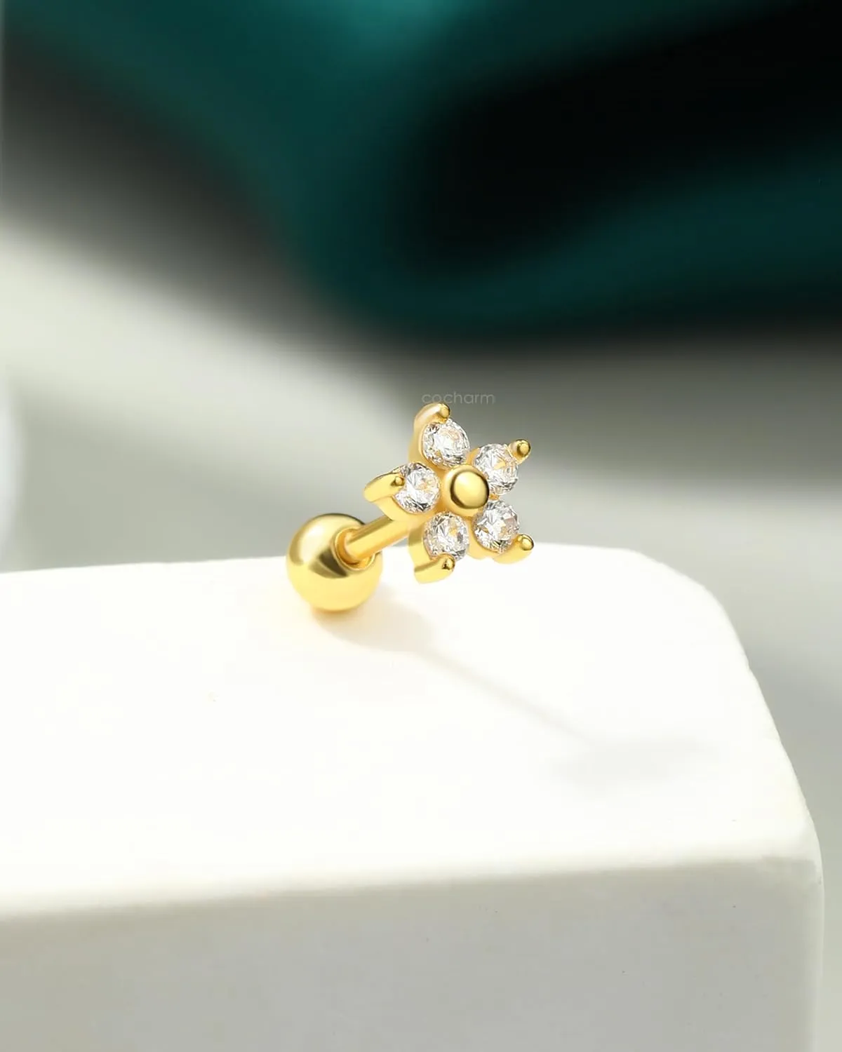 COCHARM 14K Gold Plated Helix Earrings 925 Sterling Silver Tragus Piercing Jewelry 18g Flower Cartilage Earrings Forward Helix Piercing Jewelry for Women