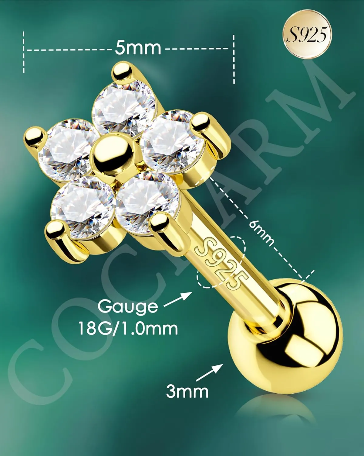 COCHARM 14K Gold Plated Helix Earrings 925 Sterling Silver Tragus Piercing Jewelry 18g Flower Cartilage Earrings Forward Helix Piercing Jewelry for Women