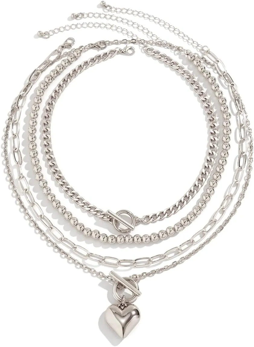 COLORFUL BLING Chunky Heart Choker Necklaces Gold Silver Plated Link Chain Layered Necklaces for Women Heart Pendant Necklaces Y2K Grunge Jewelry Gifts