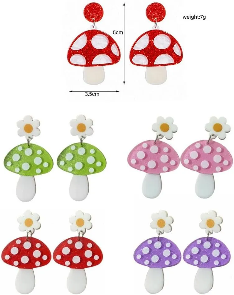 Colorful Flower Mushroom Acrylic Dangle Earrings for Women Bohemian Glitter Cute Sweet Fresh Chic Charm Simulation Drop Earring Holiday Beach Vacation Birthday Valentine's Day Jewelry Gifts