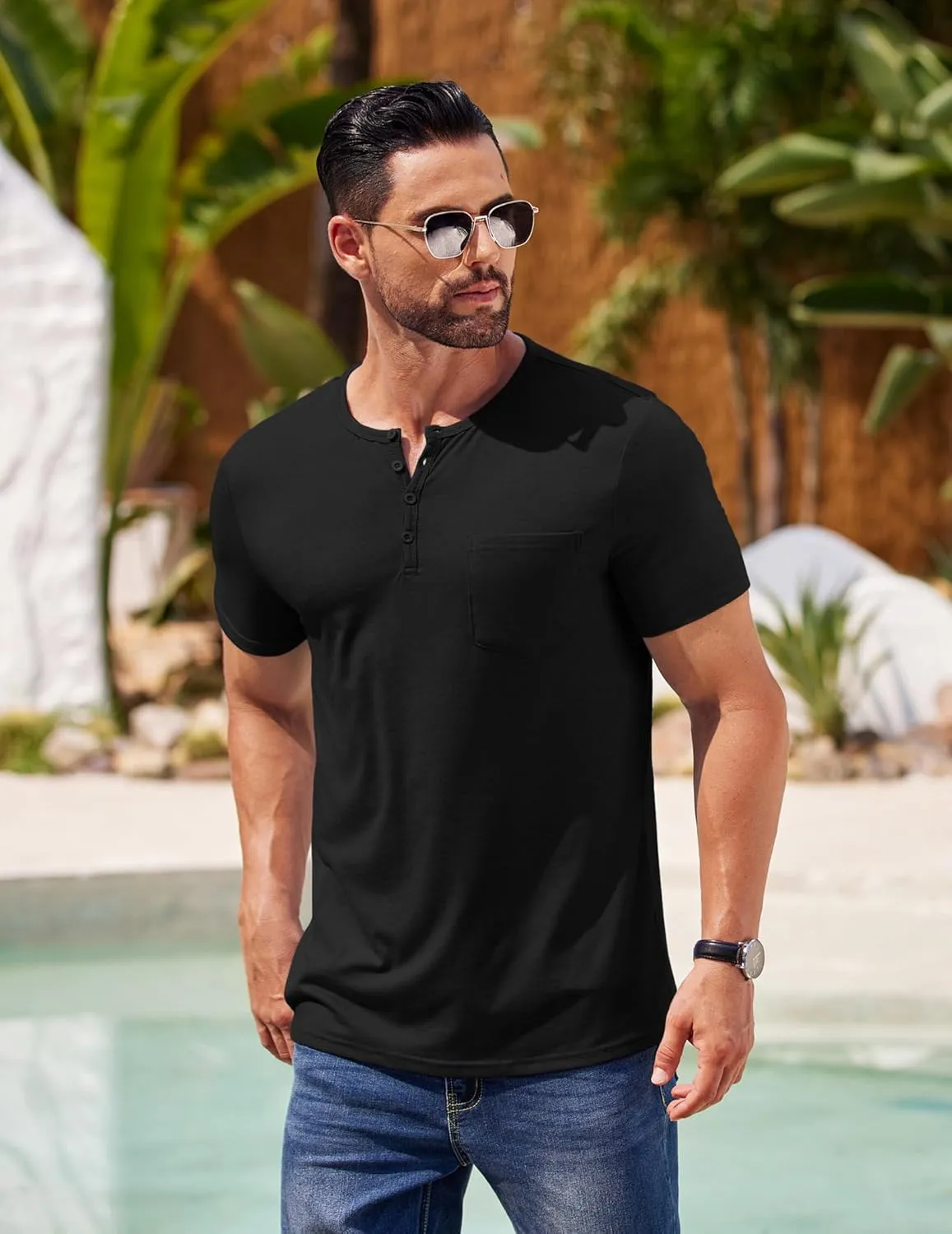 COOFANDY Mens Henley Shirts Short Sleeve Casual T Shirt Plain Slim Fit Henley Stylish Summer Tee Shirts with Pocket