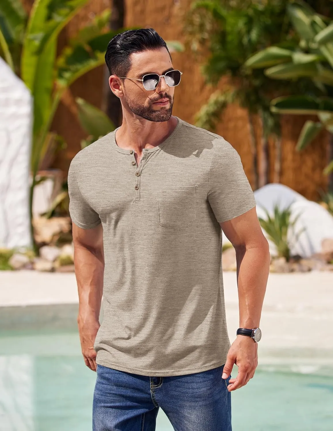COOFANDY Mens Henley Shirts Short Sleeve Casual T Shirt Plain Slim Fit Henley Stylish Summer Tee Shirts with Pocket