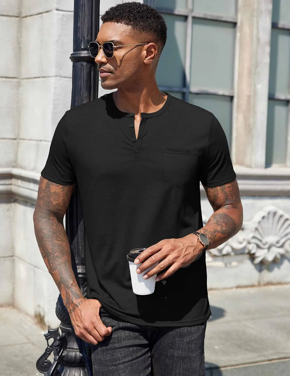 COOFANDY Mens Henley Shirts Short Sleeve Casual T Shirt Plain Slim Fit Henley Stylish Summer Tee Shirts with Pocket