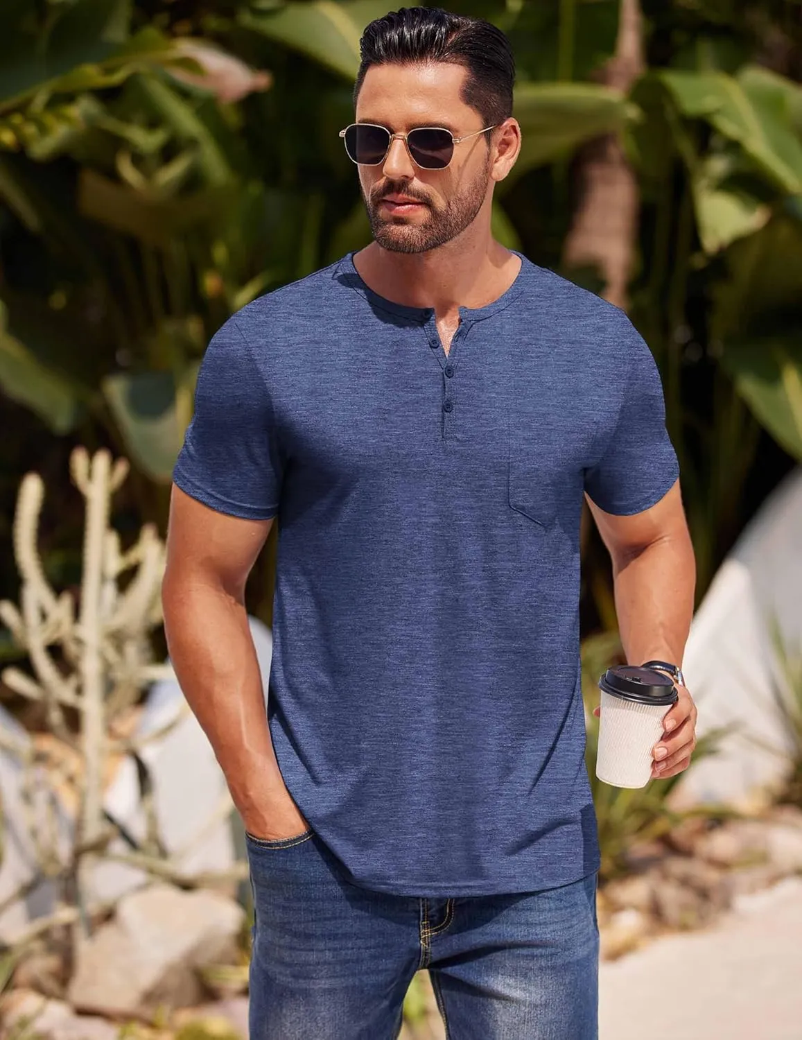 COOFANDY Mens Henley Shirts Short Sleeve Casual T Shirt Plain Slim Fit Henley Stylish Summer Tee Shirts with Pocket